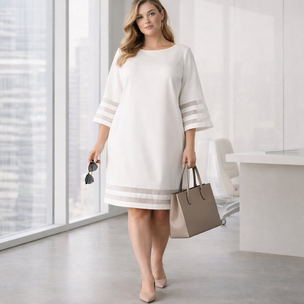 Calvin Klein White Dress Womens 22W Sheath Bell Sleeve Modern Minimal Office - Picture 7 of 12
